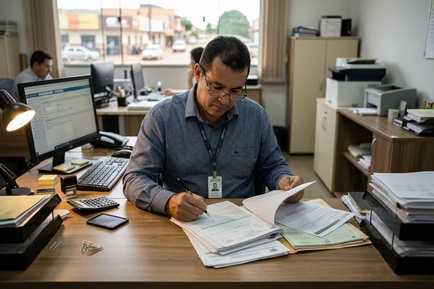 Profissional revisando documentos para transferência de veículos em Novo Gama.